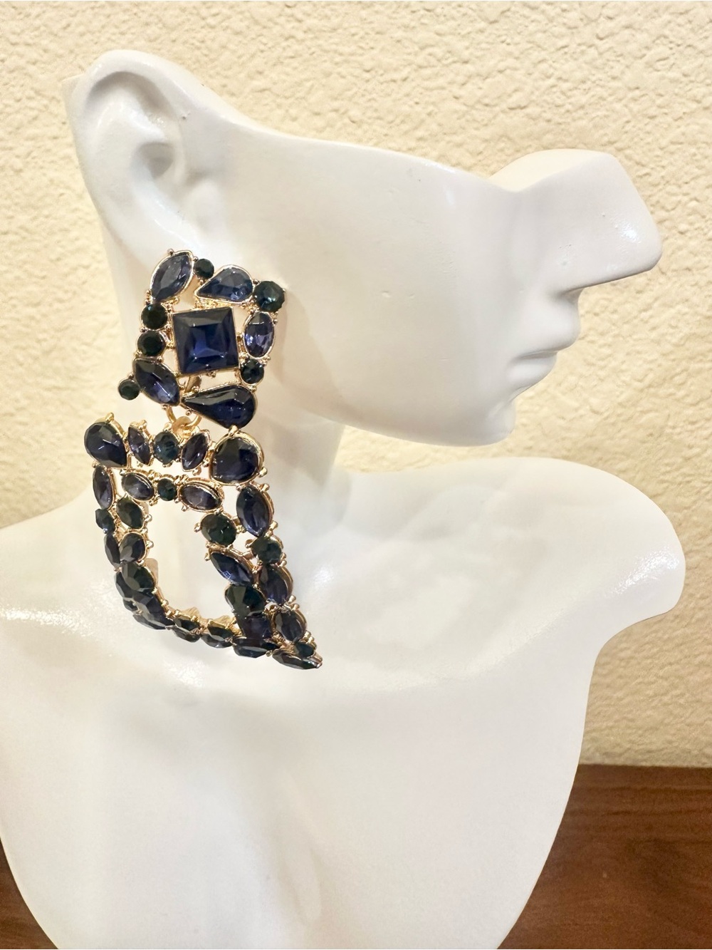 Elegant Gold-Tone Navy Blue Crystal Drop Earrings